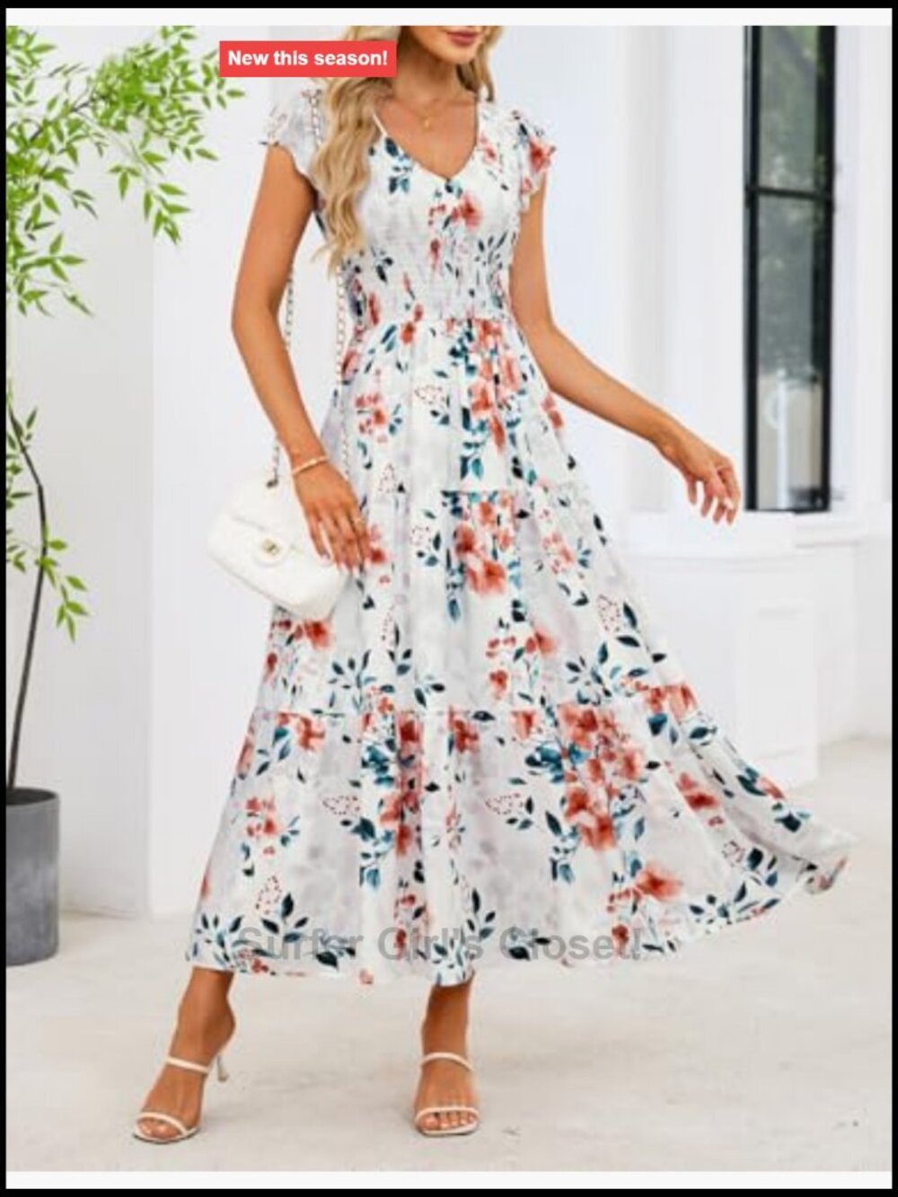 Flutter Sleeve Smocked Midi Dress V-Neck A-Line Ruffle - Picture 3 of 7